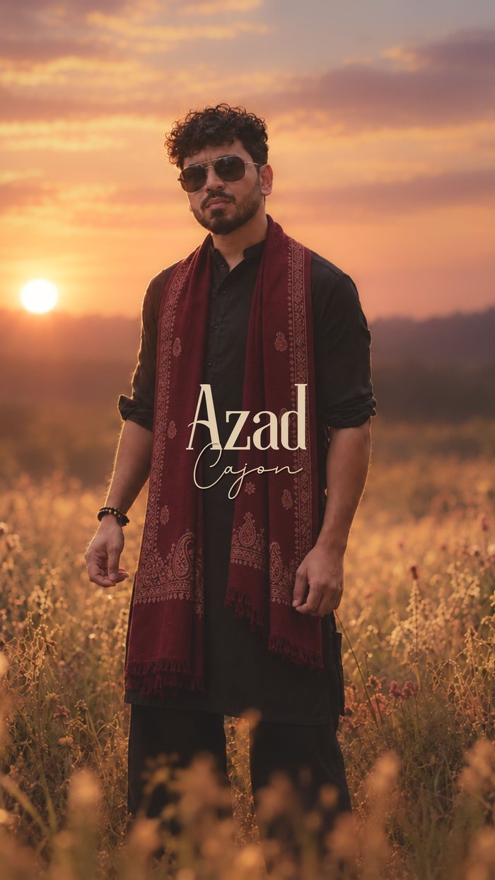 Azad, Cajon. Standing full length in a field at sunset, in a black kurta and a deep red shawl.