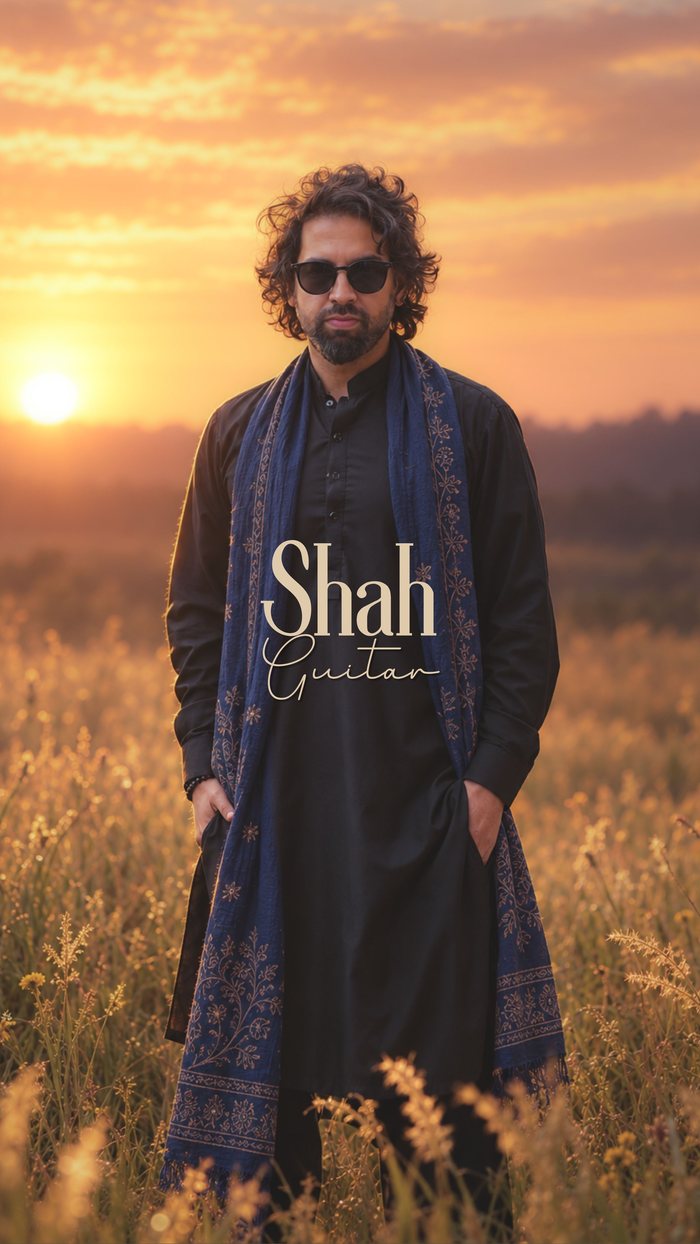 Shah, Guitar. Standing full length in a field at sunset, in a black kurta and a navy embroidered shawl.