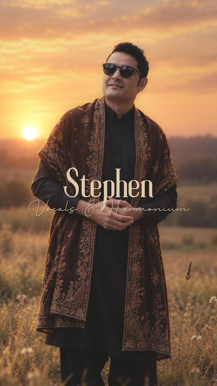 Stephen, Vocals and Harmonium. Standing full length in a field at sunset, in a black kurta and a brown embroidered shawl.