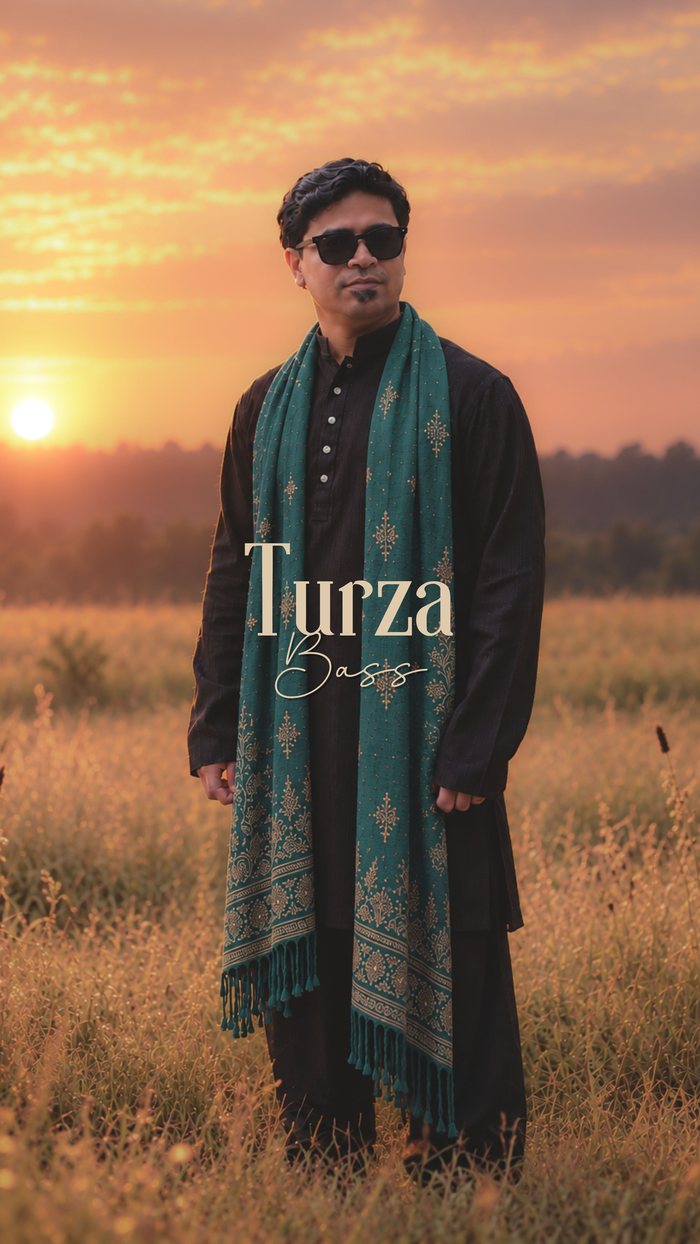 Turza, Bass. Standing full length in a field at sunset, in a black kurta and a teal embroidered shawl.