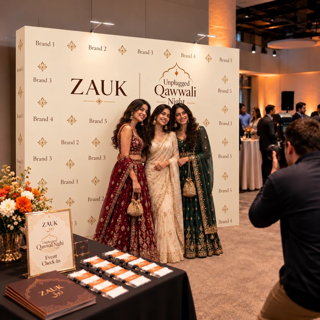 Guests photographed in front of a branded Zauk photo backdrop carrying partner names