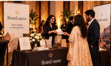 A sponsor table with a branded banner, flyers and product samples at a Zauk event