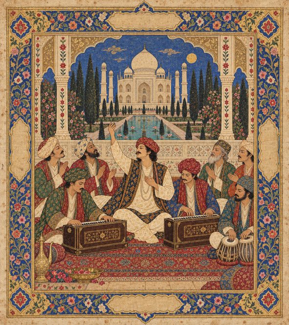 Mughal miniature painting of a qawwali gathering